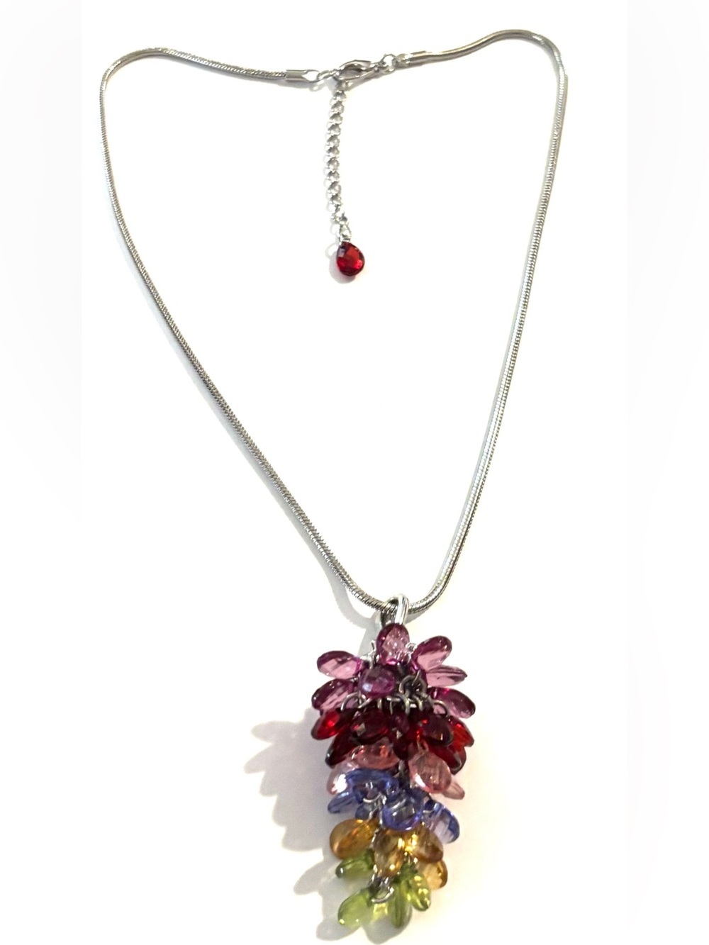 Silver-Tone Necklace with Multi-Color Crystal Cluster Pendant